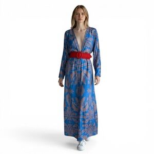 Mayberry Blue Botanical Print Maxi Dress Deep V Long Sleeve Boho Resort Dress